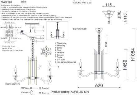 Подвесная люстра Crystal Lux AURELIO SP6 GOLD+CHROME/TRANSPARENT