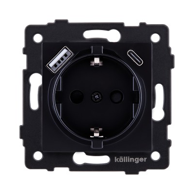 Розетка штепсельная SCHUKO 16A/250 В с USB A+C 20W, черный Kollinger REA-004BK для Aspekt, Eleganz, Reflex