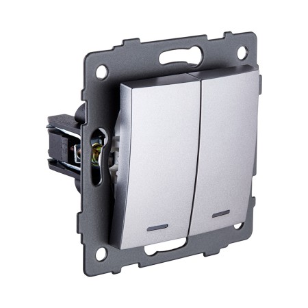 Выключатель 2-клавишный 10А/250В с LED подсветкой, изогнутый, серый Kollinger REA-R-008GY для Aspekt, Eleganz, Reflex