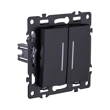 Выключатель 2-клавишный проходной 10А/250В с LED подсветкой, черный Kollinger Asthetik AS-011BK