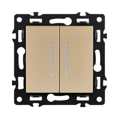 Выключатель 2-клавишный проходной 10А/250В с LED подсветкой, золотой Kollinger Asthetik AS-011GD