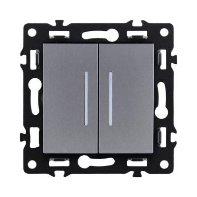 Выключатель 2-клавишный проходной 10А/250В с LED подсветкой, серый Kollinger Asthetik AS-011GY