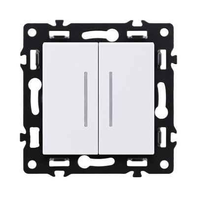 Выключатель 2-клавишный проходной 10А/250В с LED подсветкой, белый Kollinger Asthetik AS-011WH