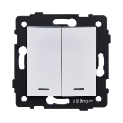 Выключатель 2-клавишный проходной 10А/250В с LED подсветкой, изогнутый, белый Kollinger REA-R-010WH для Aspekt, Eleganz, Reflex