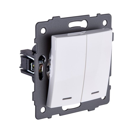 Выключатель 2-клавишный проходной 10А/250В с LED подсветкой, изогнутый, белый Kollinger REA-R-010WH для Aspekt, Eleganz, Reflex